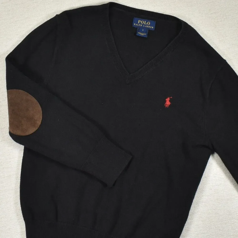 Polo Ralph Lauren Boys 7 Black V Neck Sweater Suede Elbow Patches Red Pony Knit